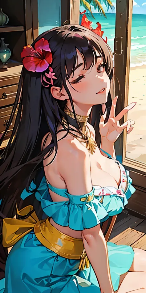 16 year old girl with a realistic smile、(((Super close-up shot looking back from the basement to emphasize cleavage while sleeping.)))、Slightly thicker emphasis on the thighs、She is wearing a micro bikini with a floral pattern on her chest..............、Em...