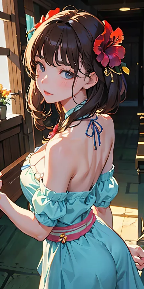 16 year old girl with a realistic smile、(((Super close-up shot looking back from the basement to emphasize cleavage while sleeping.)))、Slightly thicker emphasis on the thighs、She is wearing a micro bikini with a floral pattern on her chest..............、Em...