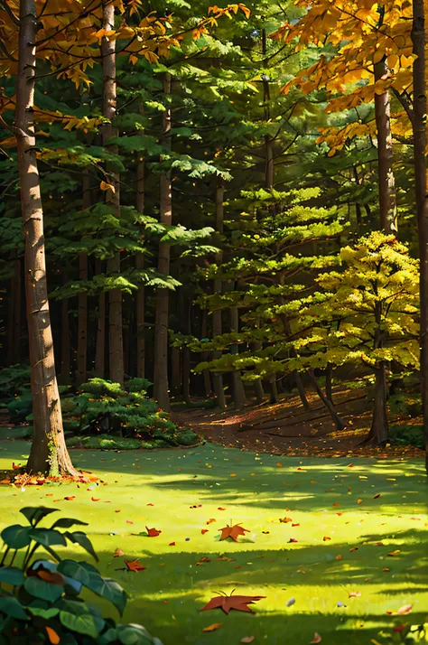 A forest scene，Maple Grove，There are many fallen leaves on the grass，Facing the camera squarely