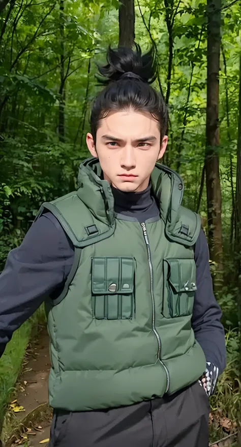 Real life adaption of this character , teen handsome man face, villain expression,realistic same hair ,(realistic same outfit wear green thick vest with many pocket), realistic background , realistic light, realistic shadow, realism, hyper realistic,(photo...