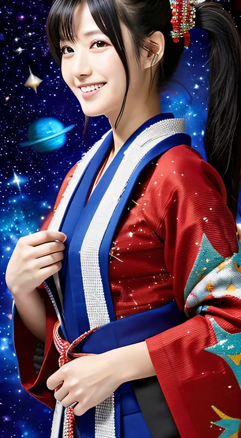 ((Outer space background))、hight resolution, Sharp Focus, Pixiv masterpiece, ((Intricate details)), Highly detailed, file_Seven Deer, 1girll, Onna no ko, Striped Beaded Necklace, Black hair, (spiked hair:1.1), Ponytail, Very long hair, Red clothes, red and...