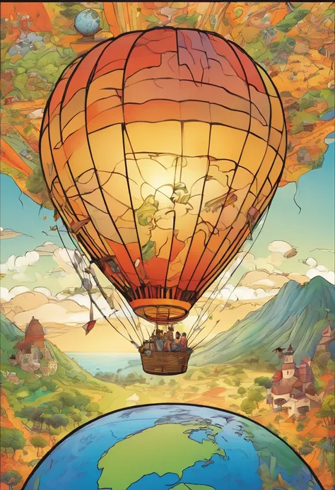 Hot Air Balloon Photography, whose balloon (earth map: best detail, Masterpiece, Ultra Detailed: 1.5), he flies at dawn, Over the hilly grass, High Details, Best Quality, 16k, [Ultra Detailed], Masterpiece, Best Quality, (Ultra Detailed), full - body, ultr...