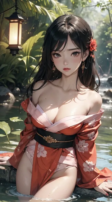 (((8k wallpaper of extremely detailed CG unit, ​masterpiece, 超A high resolution:1.2, top-quality:1.2, masutepiece))), ((extremely beautiful lady, Floating on the surface of the water, sad Facial expression)), ((extra detailed face, Highly detailed black ey...