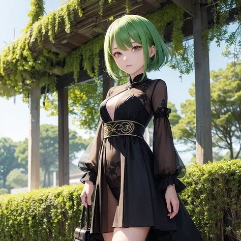 （（masutepiece、An ultra-high picture quality、ultra-quality、8K、clear details、face perfect、Phenomenally cute face、perfect and slender body、realphoto、））20yr old、A cute girl with green hair that stretches down to her back, Standing around 150cm tall.、Green hair...