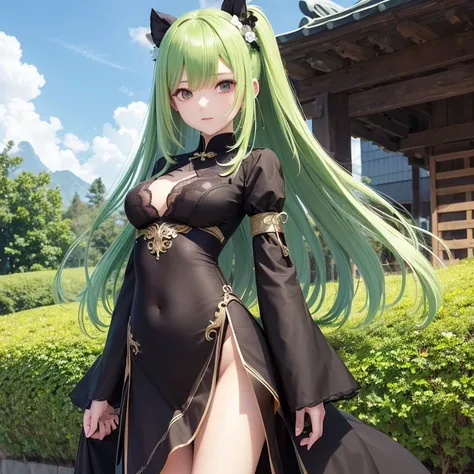 （（masutepiece、An ultra-high picture quality、ultra-quality、8K、clear details、face perfect、Phenomenally cute face、perfect and slender body、realphoto、））20yr old、A cute girl with green hair that stretches down to her back, Standing around 150cm tall.、Green hair...