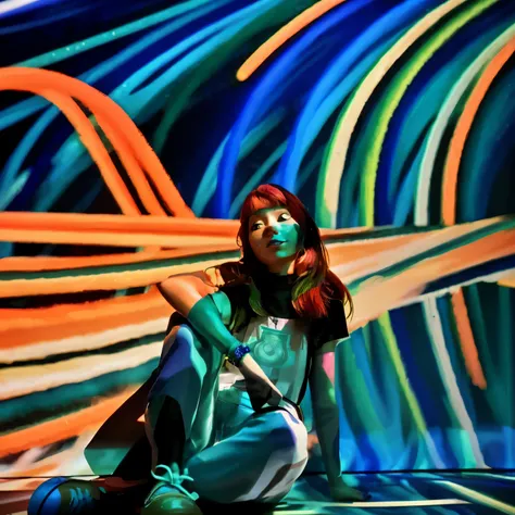 color photograph of a woman sitting on the floor with her hands on her knees, Aura Jared e Fios, cosmic bjork, psychedelic experience, Trippy, a psychedelic experience, colorful projections, just take a pinch of psychedelic, ((Saturado)), colorful projecti...