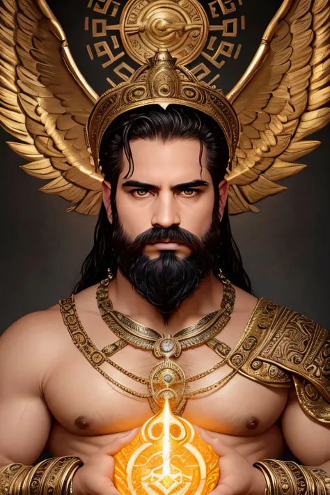 In the center of a mythical land, a magnificent Greek god stands proudly. His sculpted body radiates strength and power, while his eyes exude wisdom and determination. The gods flowing hair and beard cascade luxuriously, adding an air of divine elegance. H...