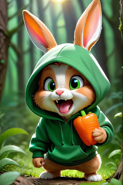 A small cute Milo rabbit wearing a green hoodie opens his mouth and is about to bite a carrot, comic book character, Bright lighting, Vivid colors, In the forest, Disney and Pixar style, Tilted head showing curiosity,