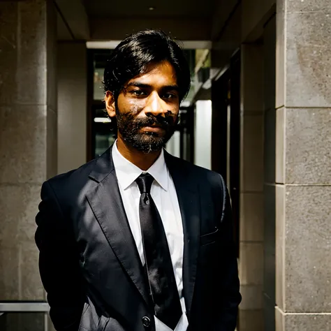 30-year-old Indian man with black hair in a business suit, retrato, Looking directly at the camera, head shoot, depilado