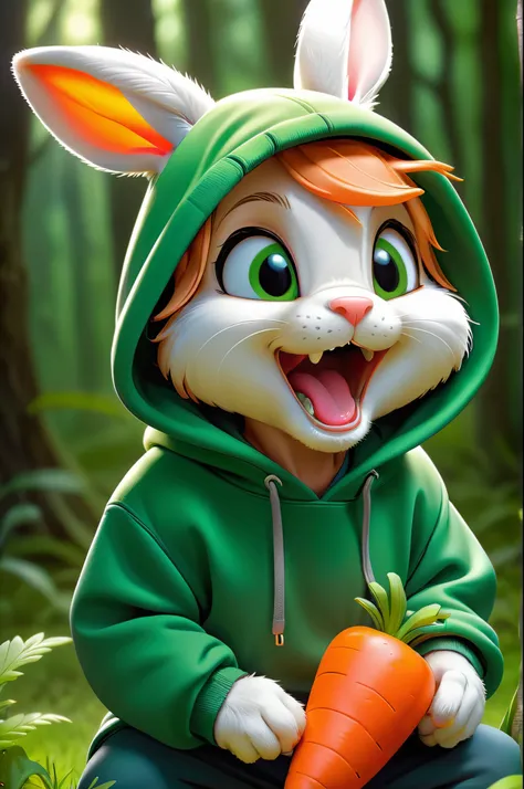 A small cute Milo rabbit wearing a green hoodie opens his mouth and is about to bite a carrot, comic book character, Bright lighting, Vivid colors, In the forest, Disney and Pixar style, Tilted head showing curiosity,