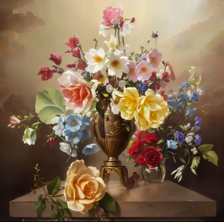 (Best quality,4K,8K,A high resolution,tmasterpiece:1.2),ultra - detailed,In the style of medieval oil painting，Vintage oil painting, Beautiful flowers in vintage vase, oil painted, vibrant with colors, gentlesoftlighting