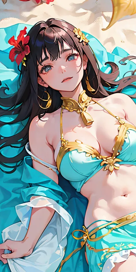 16 year old girl with a realistic smile、(((Super close-up shot highlighting her cleavage as she lies sideways on the beach.)))、Slightly thicker emphasis on the thighs、She is wearing a micro bikini with a floral pattern on her chest....................、Emph...