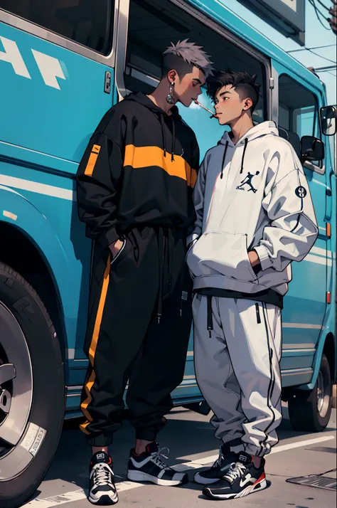 boy with dark hair wearing a black sweatshirt with   grey sweatpants smoking a blunt. girl wearing a black jumpsuit with blue jordan’s in a dark car