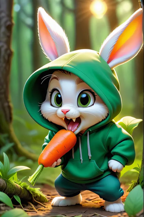 A small cute Milo rabbit wearing a green hoodie opens his mouth and is about to bite a carrot, comic book character, Bright lighting, Vivid colors, In the forest, Disney and Pixar style, Tilted head showing curiosity,