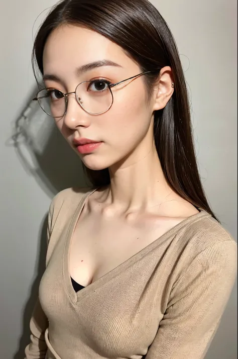 ((Best Quality, 8K, masutepiece: 1.3)), 1人の女性,  Beautiful Japan woman with slender abs: 1.3, (light brown casual hairstyle,: 1.2), Small breasts, thin waist, casual clothing、 round gold rim glasses, A detailed face, Detailed eyes, Double eyelids, Full body...