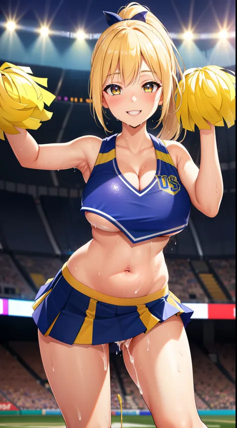 (best quality:1.5, highres, UHD, 4K, detailed lighting, shaders, perfect hand anatomy), blonde ponytail, busty, cheerleader outfit, belly, skirt lift, wet crotch, smiling, (pov), stadium background, armpits, hands up, underboobs, sexy, cum on crotch:1.2