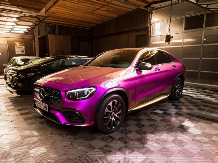 View of a dark purple Mercedes SUV, parked in the garage, 90% mother of pearl detail, Dark Purple, Mercedes, Mercedes Benz, Young beautiful girl model, 18 years, standing next to her, Shot on iPhone 14 Pro, Shot on iPhone 1 3 Pro, full face, Shot on iPhone...