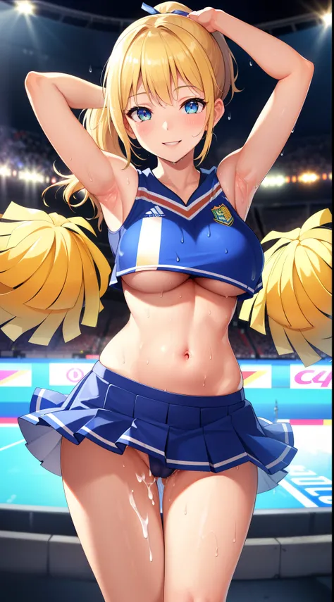 (best quality:1.5, highres, UHD, 4K, detailed lighting, shaders, perfect hand anatomy), blonde ponytail, busty, cheerleader outfit, belly, skirt lift, wet crotch, smiling, (pov), stadium background, armpits, hands up, underboobs, sexy, cum on crotch:1.2