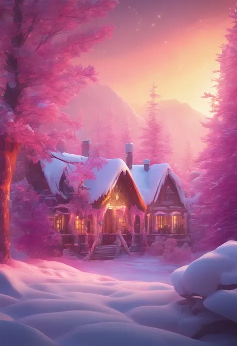 "Generate an exceptionally detailed scene of a dimly lit snowy wonderland, rich with micro-details, and bathed in a captivating magenta-themed glow. Envision a serene winter landscape, each snowflake delicately outlined in the soft, dim light. Highlight th...