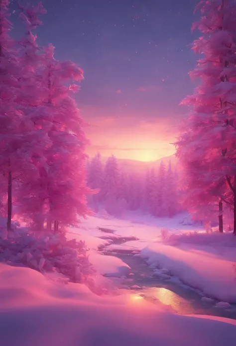 "Generate an exceptionally detailed scene of a dimly lit snowy wonderland, rich with micro-details, and bathed in a captivating magenta-themed glow. Envision a serene winter landscape, each snowflake delicately outlined in the soft, dim light. Highlight th...