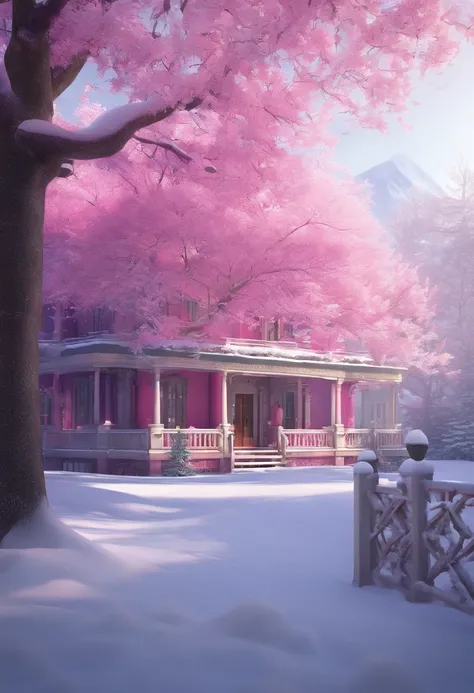 "Generate an exceptionally detailed scene of a dimly lit snowy wonderland, rich with micro-details, and bathed in a captivating magenta-themed glow. Envision a serene winter landscape, each snowflake delicately outlined in the soft, dim light. Highlight th...