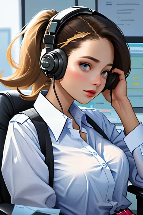 A girl, at office with headset and comb hair