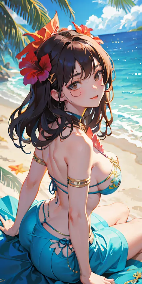 16 year old girl with a realistic smile、(((Super close-up shot highlighting the butt lying face down on the beach.)))、Slightly thicker emphasis on the thighs、She is wearing a micro bikini with a floral pattern on her chest......................、Emphasis on...