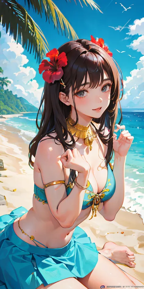 16 year old girl with a realistic smile、(((Super close-up shot highlighting the butt lying face down on the beach.)))、Slightly thicker emphasis on the thighs、She is wearing a micro bikini with a floral pattern on her chest......................、Emphasis on...