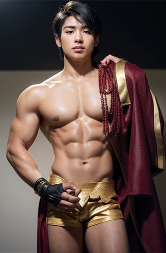 (masterpiece, best quality:1.2), majapahit warrior shoot, solo, male focus, topless, 1 boy, saint seiya (sf), serious, closed mouth, looking at viewer, black hair, fingerless gloves,