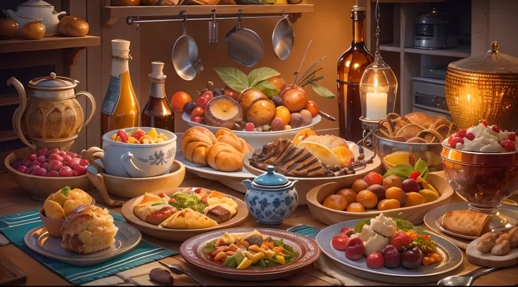 (cozy kitchen dinner),oil painted, Family gatherings,Detailed table scene,vivd colour,warmly lit,Excellent food,a joyful atmosphere,Pleasant conversation,beautiful kitchenware,Thoughtfully furnished table set-up,aromatic dishes,Tastefully decorated space,A...