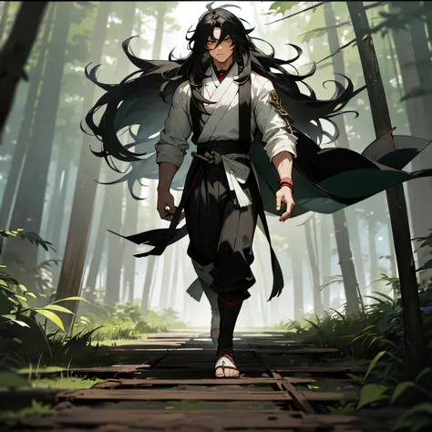 1 Boy, Long Black Messy Hair, Heterochromia, Muscular, Gakugen Clothes, Stoic Pose, Forest Background, Walking on path