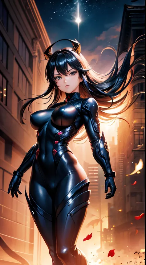 Masamune Shirow, Frank Frazetta, Surreal, mysterious, strange, fantastical, fantasy, Sci-fi, Japanese anime, wanting to be the power behind the scenes, beautiful girl combatants in bodysuits, perfect voluminous bodies, jumping between buildings, on a moonl...