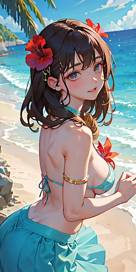 16 year old girl with a realistic smile、(((Super close-up shot emphasizing the butt lying face down on the beach.)))、Slightly thicker emphasis on the thighs、She is wearing a micro bikini with a floral pattern on her chest.......................、Emphasis on...