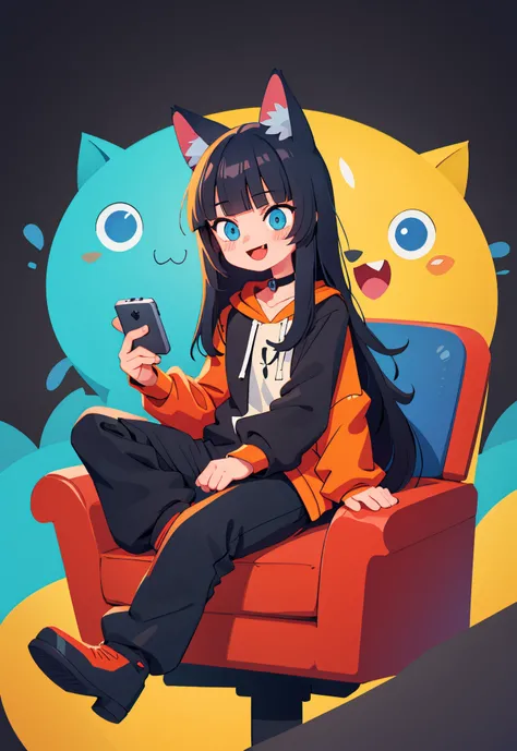 best quality, masterpiece, highly detailed, kawaii,
BREAK (short boy:1.3), 1boy, solo, (long hair, straight hair, black hair, blunt bangs, azure eyes:1.3), (wolf ears), choker, fangs, blush, (realistic:0.8), (sitting in chair, holding a gaming control.)
(o...