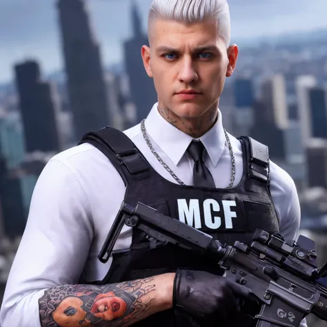 in a photorealistic style, with a city background, a mobster man in his twenties with a white crew cut hairstyle with shaven sides and a clean shaven face. He wears a  white dress shirt, white suit pants with a black bulletproof vest over the shirt that ha...