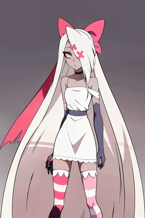 Vaggie, 1girl, gray skin, white hair, pink sclera, yellow pupils, long hair, white dress, striped stockings, hair bow, long gloves, perfect anatomy, solo