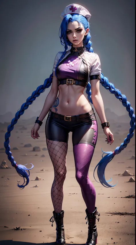 Jinx nurse，nurse hat，(White nurse costume)，red rose tattoo，Blue twist braid，Runaway Lori，League of Legends ，full bodyesbian，(kneehigh boots)),purpleish color，(fishnet leggings),(standing on your feet)，The background is dark and tough，There is a sense of da...