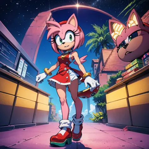 Personaje amy rose de sonic, con su ropa de caracteristica , full body size, y que se vea su sombrero completo y zapatos