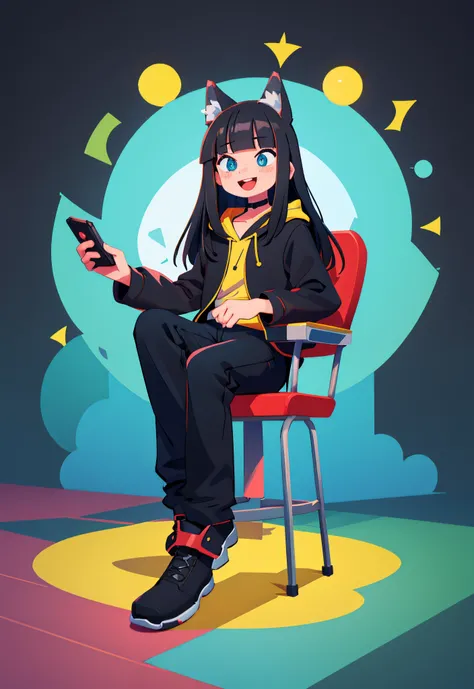 best quality, masterpiece, highly detailed, kawaii,
BREAK (short boy:1.3), 1boy, solo, (long hair, straight hair, black hair, blunt bangs, azure eyes:1.3), (wolf ears), choker, fangs, blush, (realistic:0.8), (sitting in chair, holding a gaming control.)
(o...