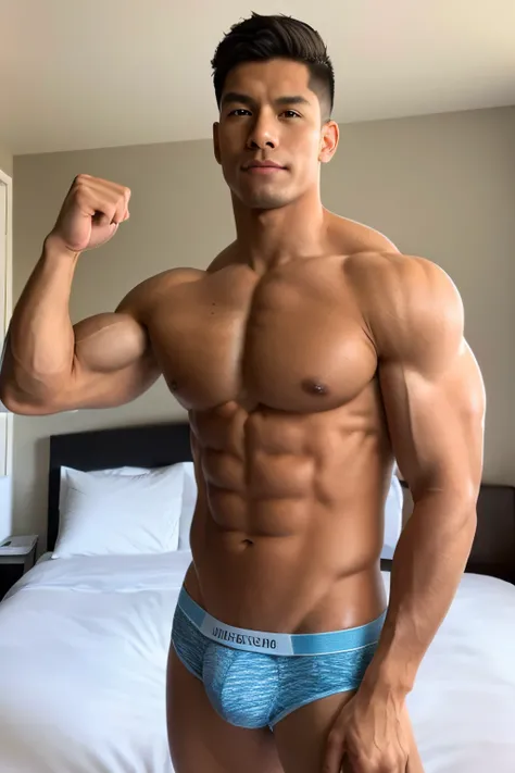 masterpiece, Best Quality, Solo, Asian Man, bedroom, mens underwear, muscular body, big muscle, Natural eyes, short and delicate hair, Bright tanned skin, look up at viewer, toppless, Large protrusions, Bulge, sensual