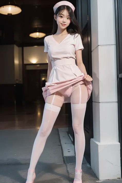 (Full body:1.5)，(1girl in:1.3),(view the viewer:1.4)，(anatomy correct:1.4),(Love Hotel Entrance:1.2),(Wearing a white nurse set:1.2),(Opaque pink pantyhose:1.3),( The girl pointed out the thick heel :1.1),(Accurate and perfect face:1.3),(Long legs:1.3),hyp...