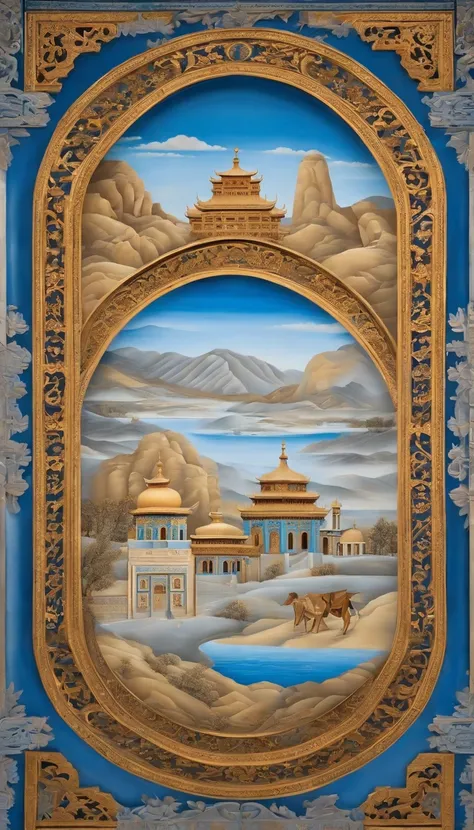 Xinjiang architecture，Idyllic Xinjiang murals, blue and light gray style, Layered landscape, japanese style art, monumental murals, Ricoh FF-9D, Golden Age aesthetics, exotic