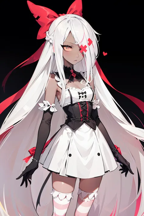 Vaggie, 1girl, gray skin, white hair, pink sclera, yellow pupils, long hair, white dress, striped stockings, hair bow, long gloves, perfect anatomy, solo