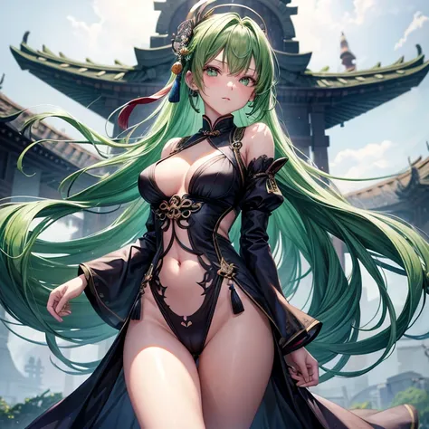 （（masutepiece、An ultra-high picture quality、ultra-quality、8K、clear details、face perfect、Phenomenally cute face、perfect and slender body、realphoto、））15yo student、A cute girl with green hair that stretches down to her back, Standing around 150cm tall.、Green ...