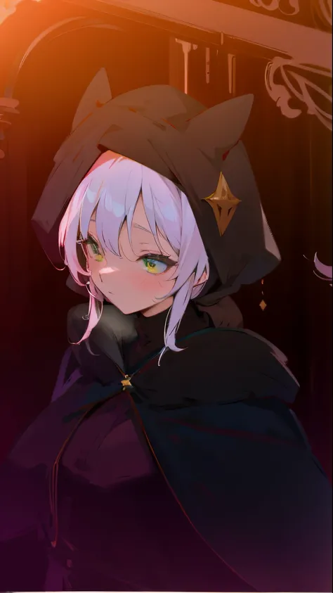 1 woman, black robe, green eyes, white hair,anime, realistic,Black head covering,ultra detail