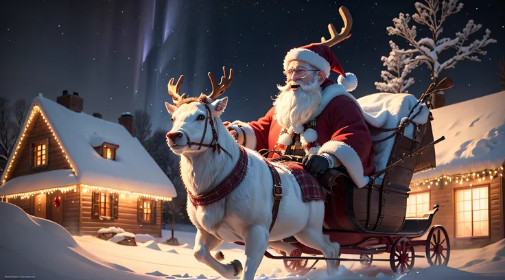 Santa Claus carried his bag and left the house, Santa Claus carrying his bag, snowy winter wonderland, joyful expression, large sack of presents, colorful wrapping paper, magical atmosphere, twinkling lights, festive decorations, red and white costume, lon...