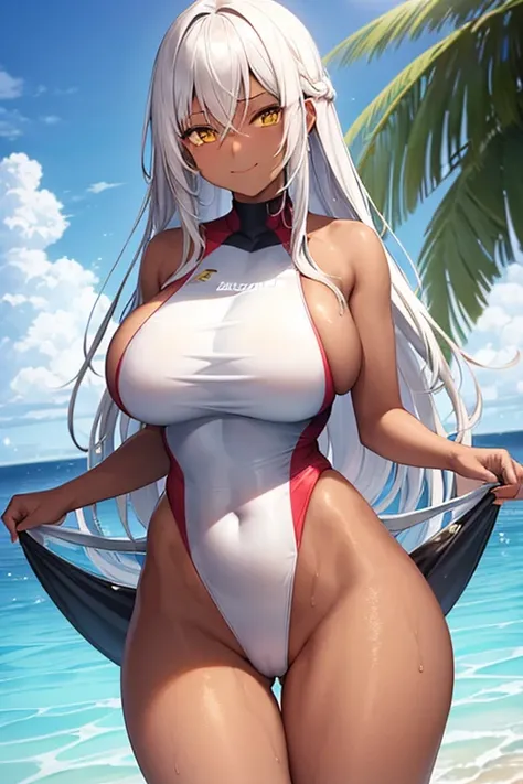 1girl, dark skin, dark body, yellow eyes, white hair, long hair, breasts, huge breasts, thick thighs, wide hips, one-piece swimsuit, competition swimsuit, white swimsuit, red trim, pool, wet, water, light smile, smirk