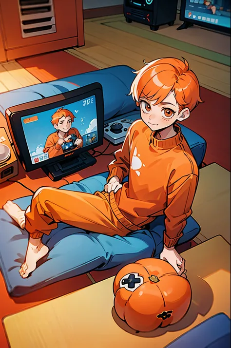 kpop boy, persimmon orange hair, in orange cute sweater outfit, sitting on floor playing video game, gamer, Playing games, inside living room, chill lofi, playing SNES games, enjoy, happy, looks so fun, holding a game controler, glued to the game