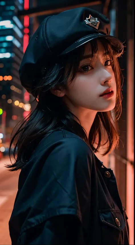 Beautiful woman medium hair, wearing cap, cyberpunk style short clothes