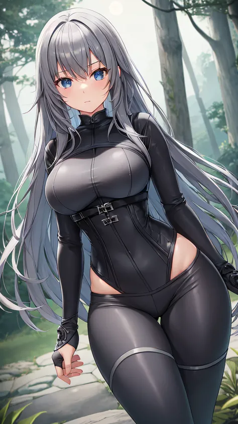 petite girl, Tight-fitting clothing, fabric gray pants, with many details, gray corset, one-piece fabric armor, hairlong, Dark forest in the background, moon, body suit, fantasy, robber armor,